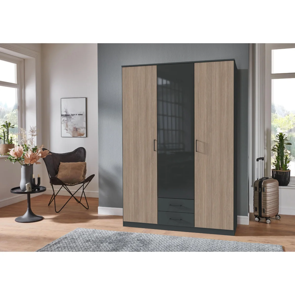Fulda 3 Door Wardrobe with 2 Drawers and Glass Centre Door - Grey – image 3