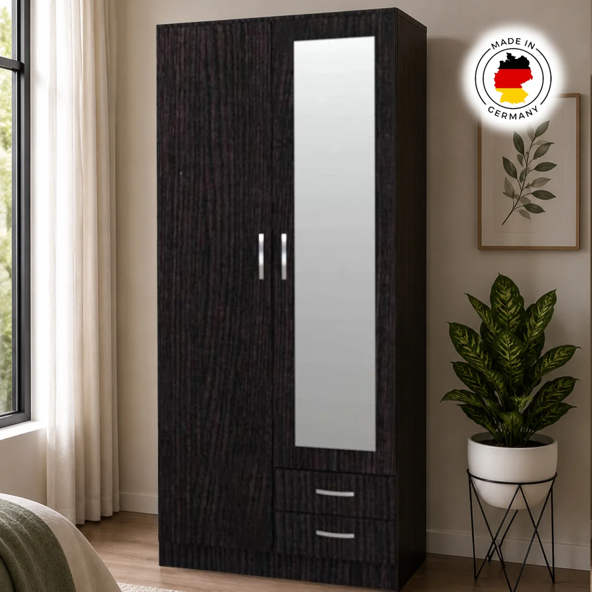 Roma Black Oak 2 Door 90cm Wardrobe with Mirror - Oak – image 4