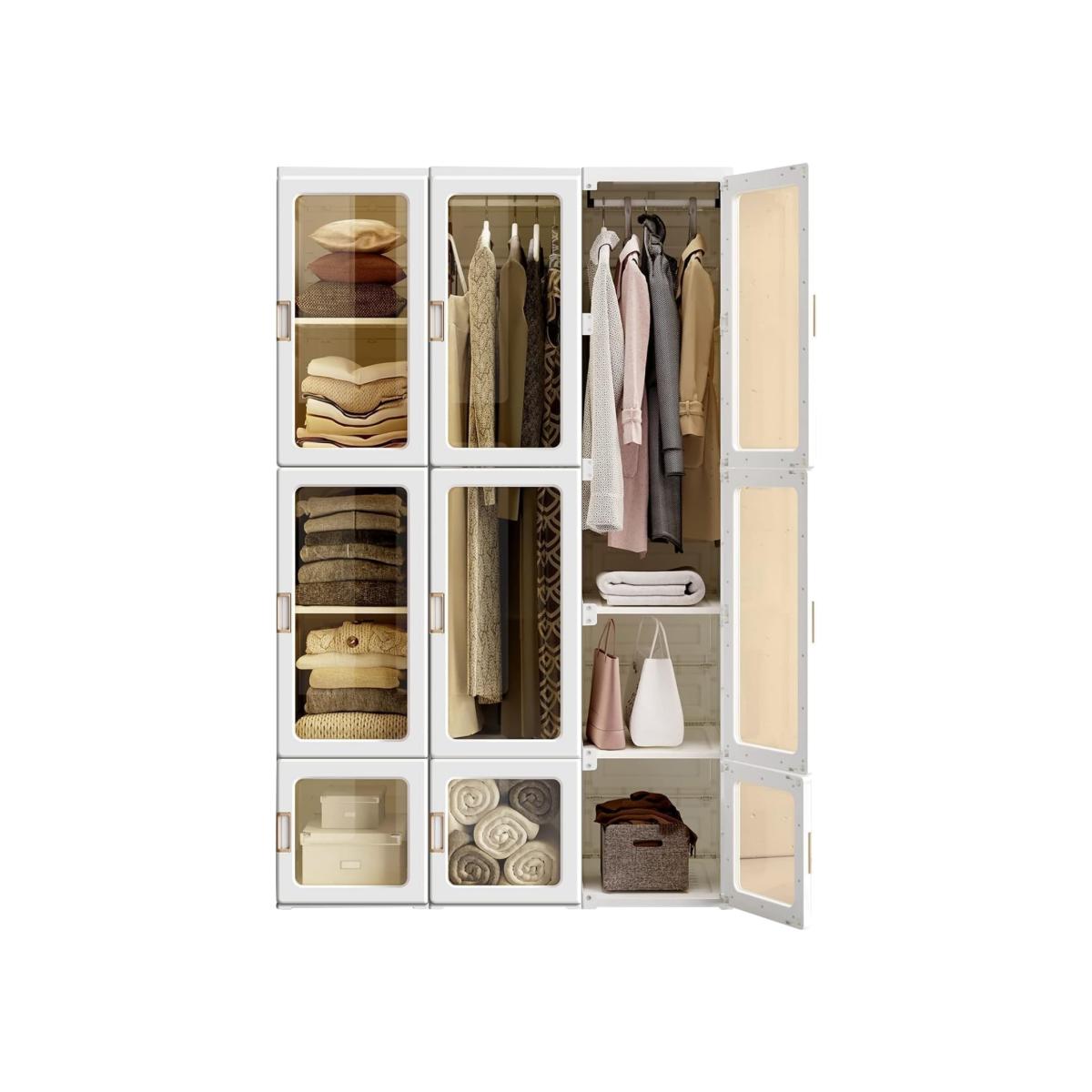 Portable Wardrobe Closet with Transparent Doors - White / 104cm / 8 Cubes & 2 Hanging Rods