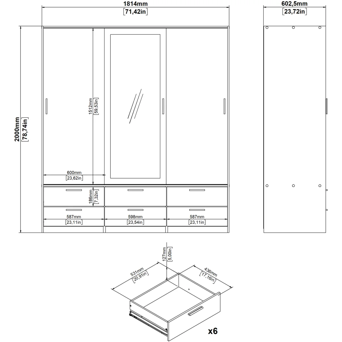 Line Wardrobe 3 Doors 6 Drawers in Oak with White High Gloss - Oak & White – image 13