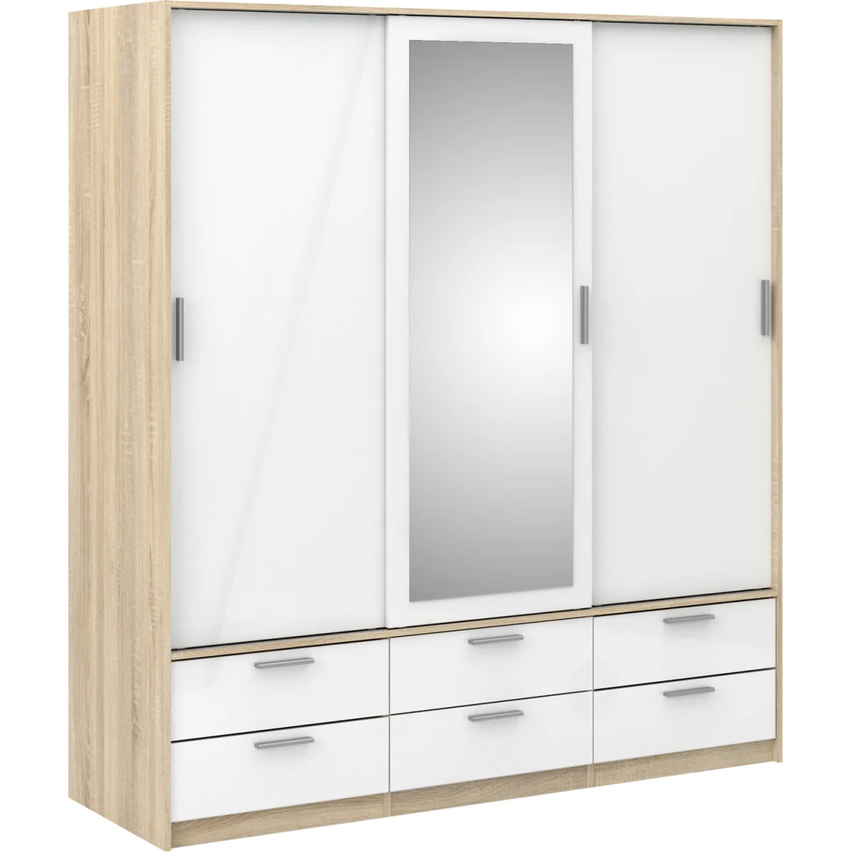 Line Wardrobe 3 Doors 6 Drawers in Oak with White High Gloss - Oak & White – image 3