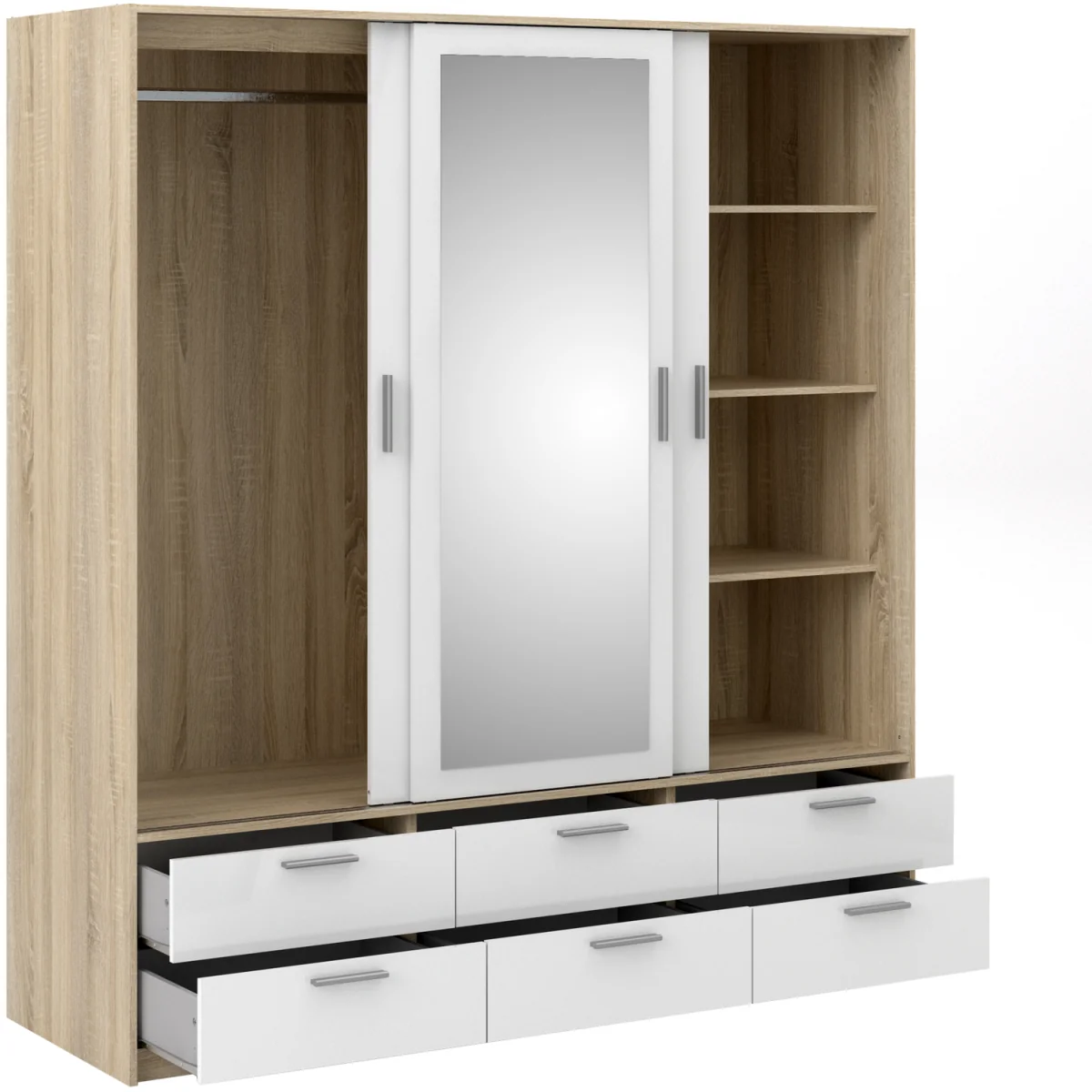 Line Wardrobe 3 Doors 6 Drawers in Oak with White High Gloss - Oak & White – image 6