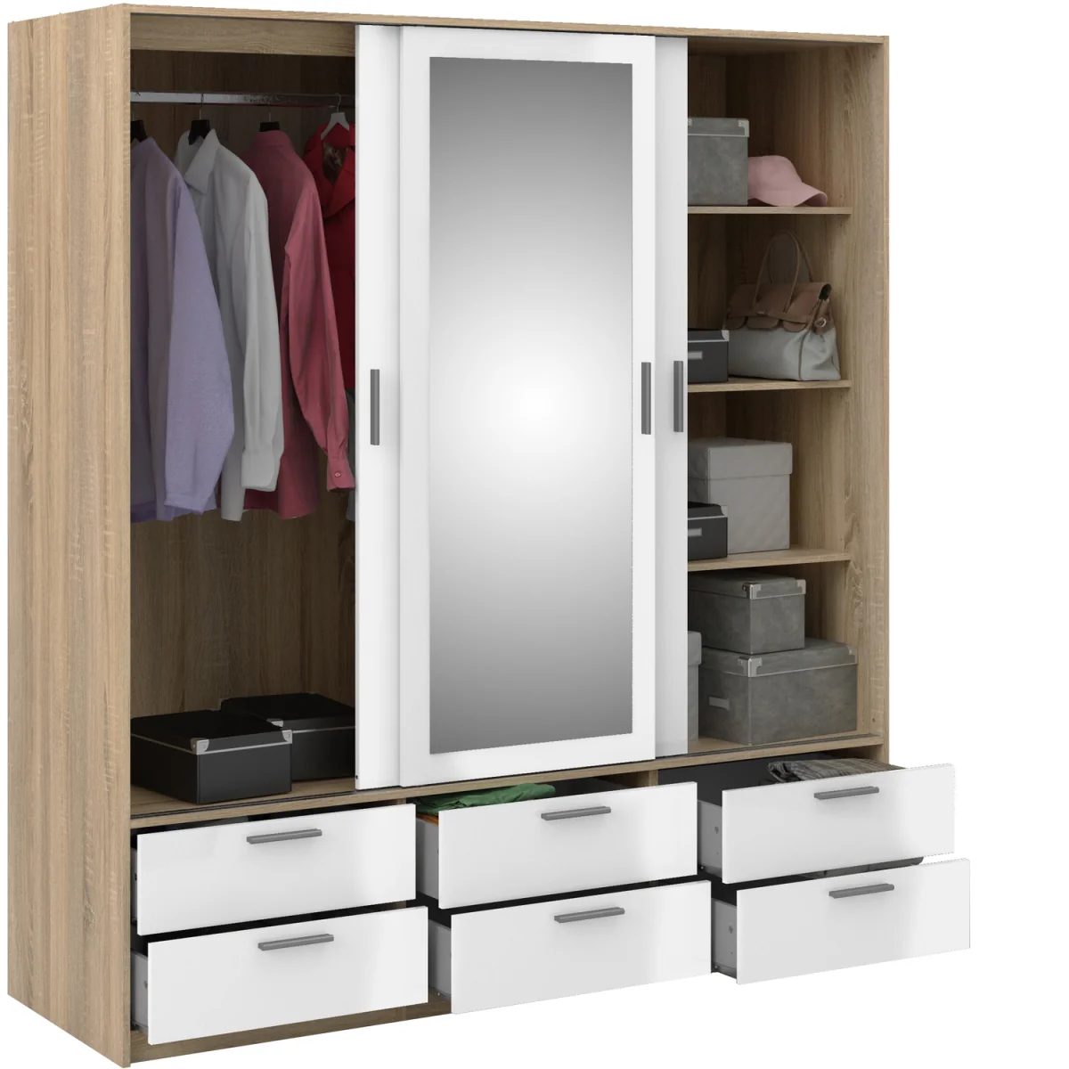 Line Wardrobe 3 Doors 6 Drawers in Oak with White High Gloss - Oak & White – image 7