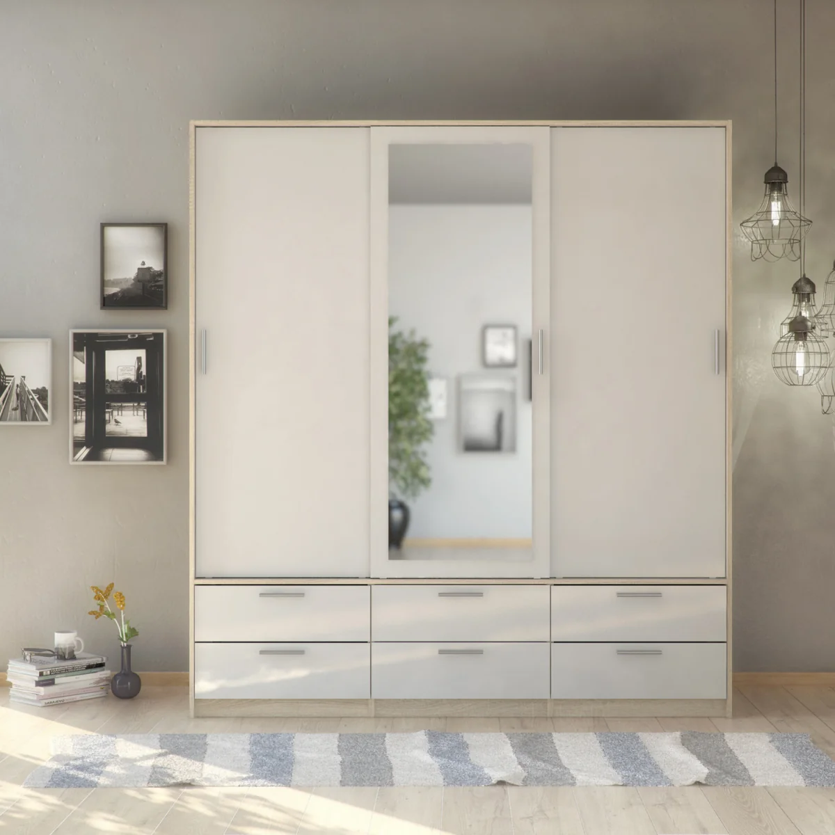 Line Wardrobe 3 Doors 6 Drawers in Oak with White High Gloss - Oak & White – image 8