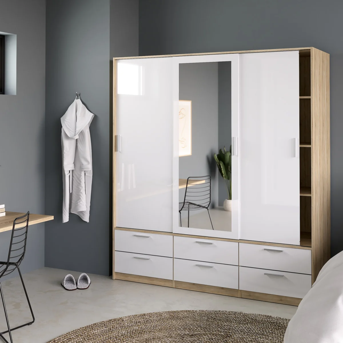 Line Wardrobe 3 Doors 6 Drawers in Oak with White High Gloss - Oak & White – image 9