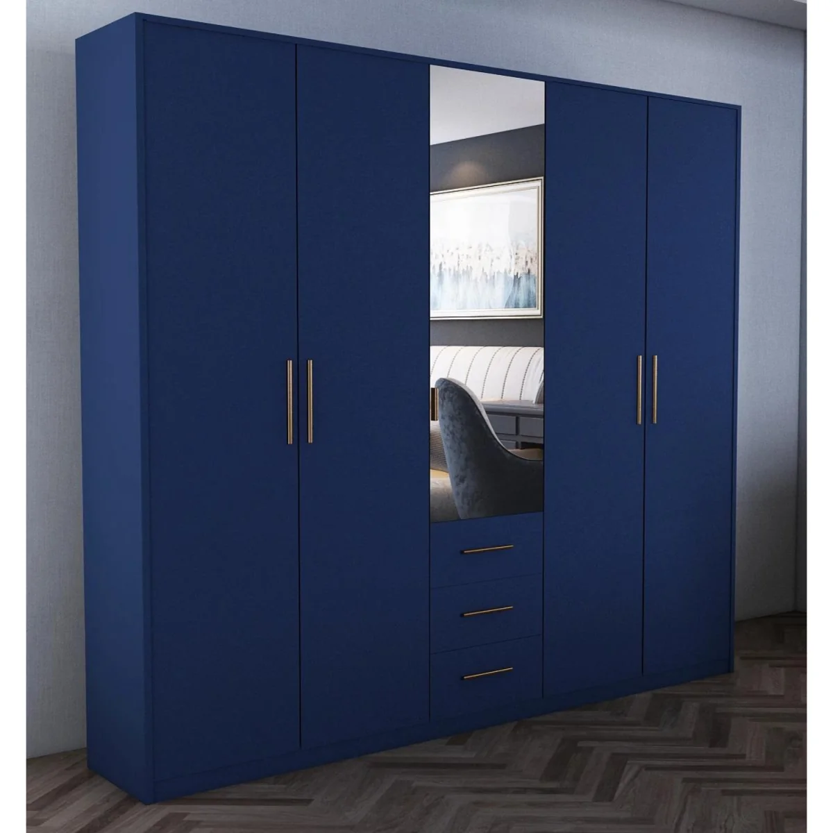 Swindon Dark Blue 5 Door 200cm Wardrobe with Mirror and 3 Drawers - Blue – image 2
