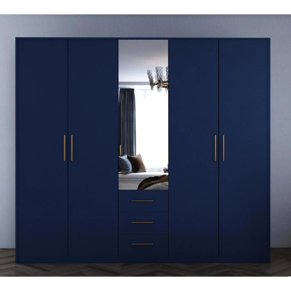 Swindon Dark Blue 5 Door 200cm Wardrobe with Mirror and 3 Drawers - Blue – image 3
