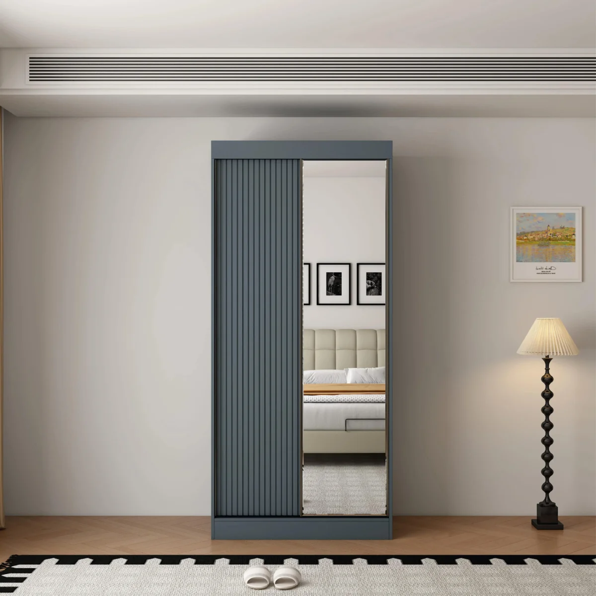 Berlin 100cm Dark Grey Sliding Door Wardrobe with Mirror Panel - Grey – image 2