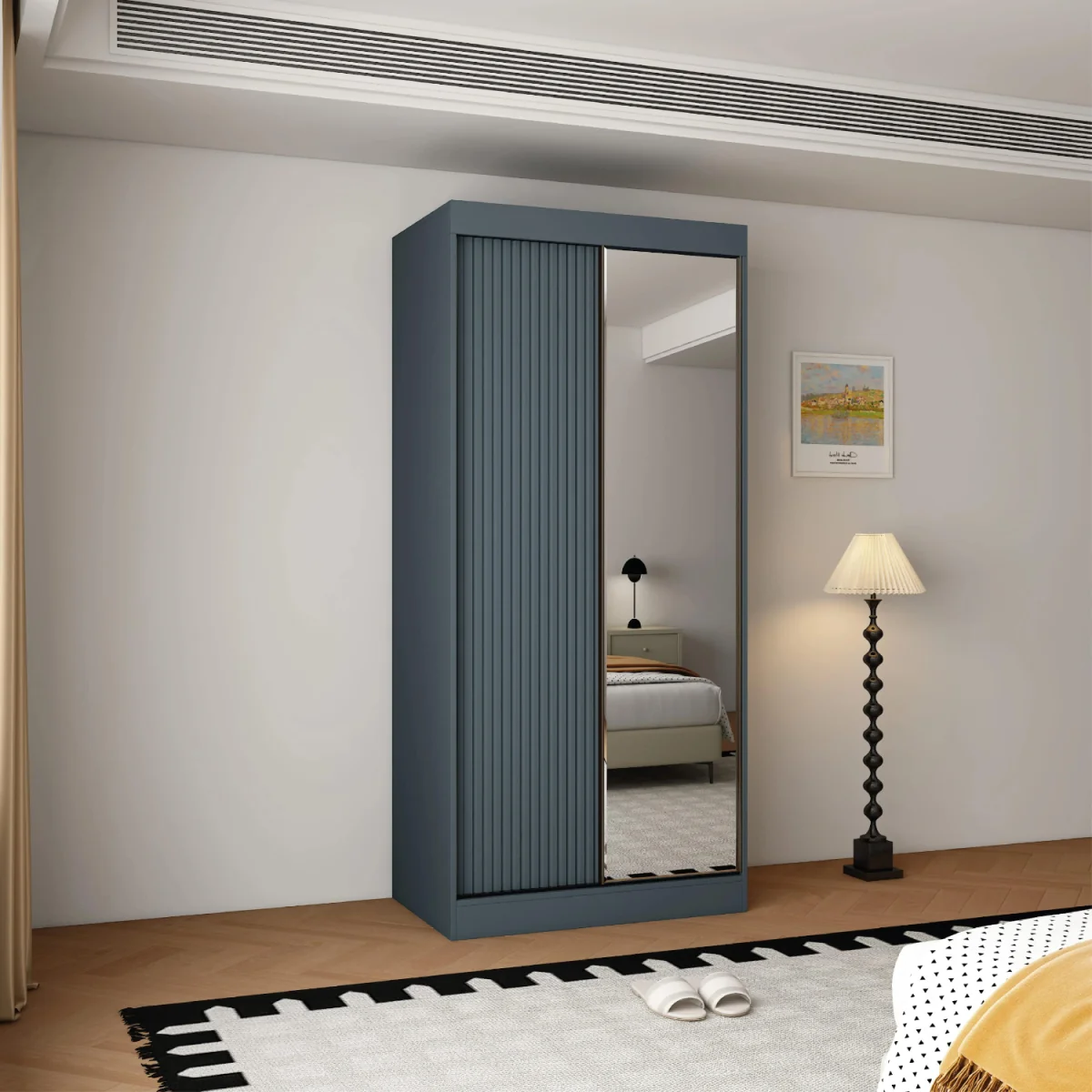Berlin 100cm Dark Grey Sliding Door Wardrobe with Mirror Panel - Grey – image 3