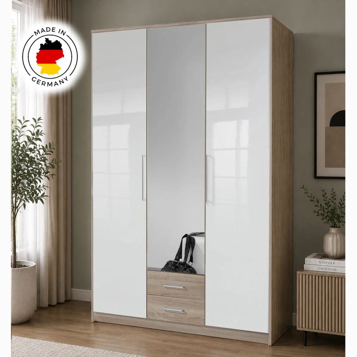 Gamma Oak and White 3 Door 135cm Wardrobe - Oak – image 2
