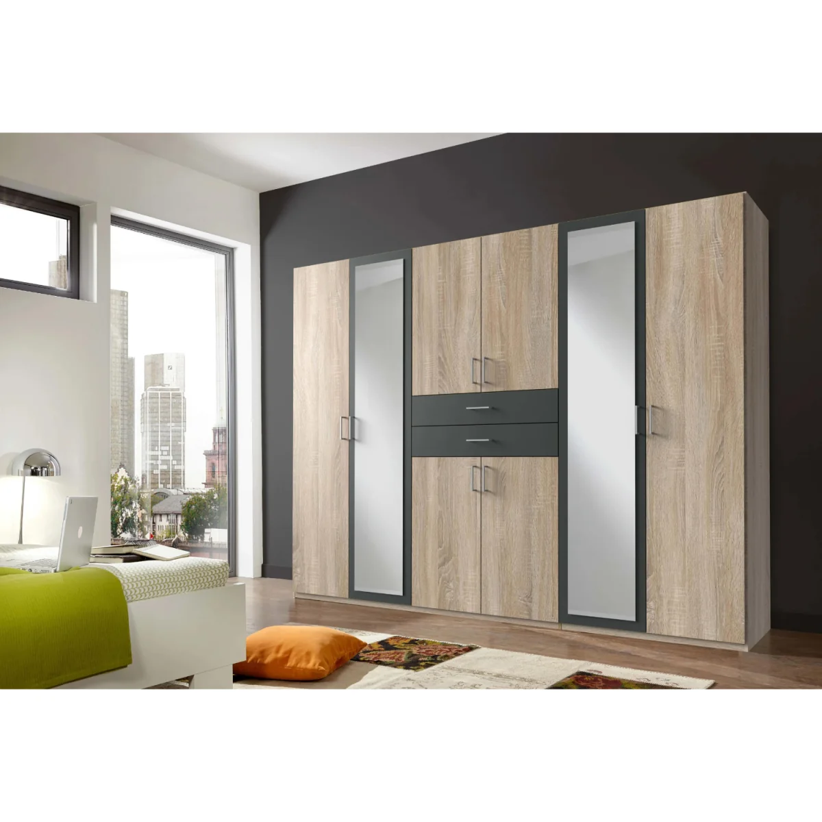 Diver Oak and Graphite 6 Door 270cm Wardrobe with Mirror - Oak – image 4