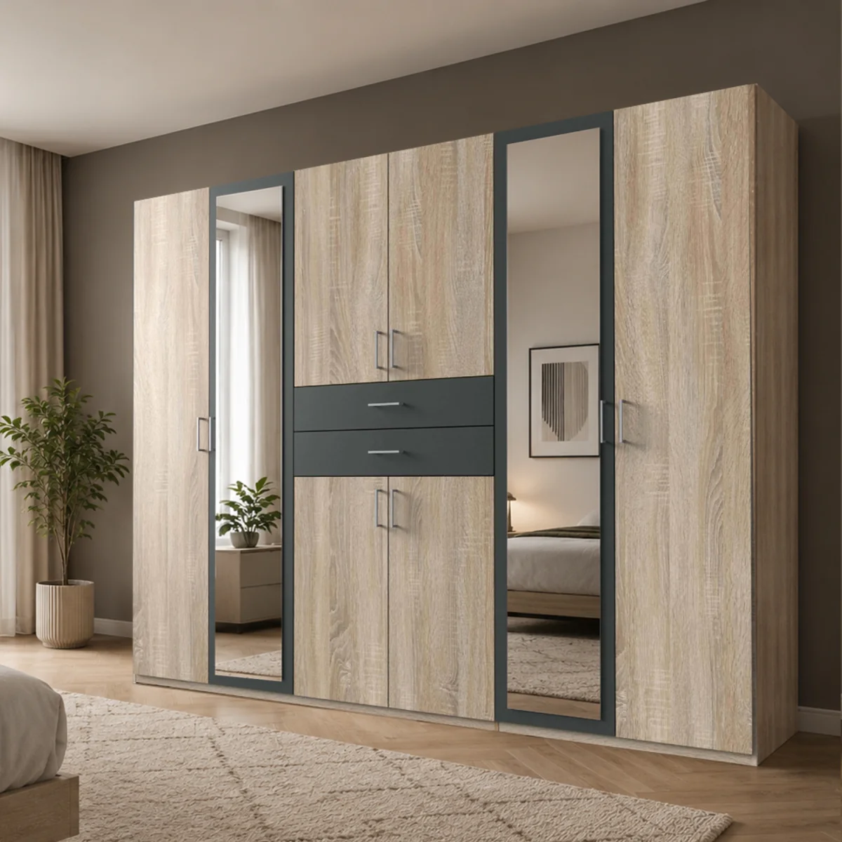 Diver Oak and Graphite 6 Door 270cm Wardrobe with Mirror - Oak – image 1
