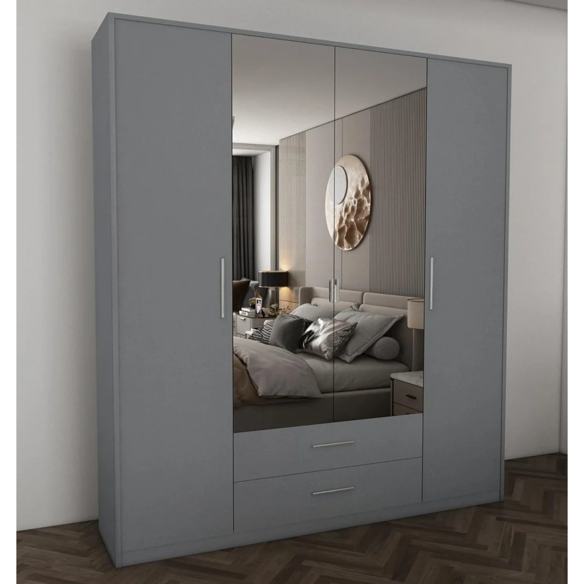 Swindon Medium Grey 4 Door 180cm Wardrobe with Mirror and 2 Drawers - Grey – image 2