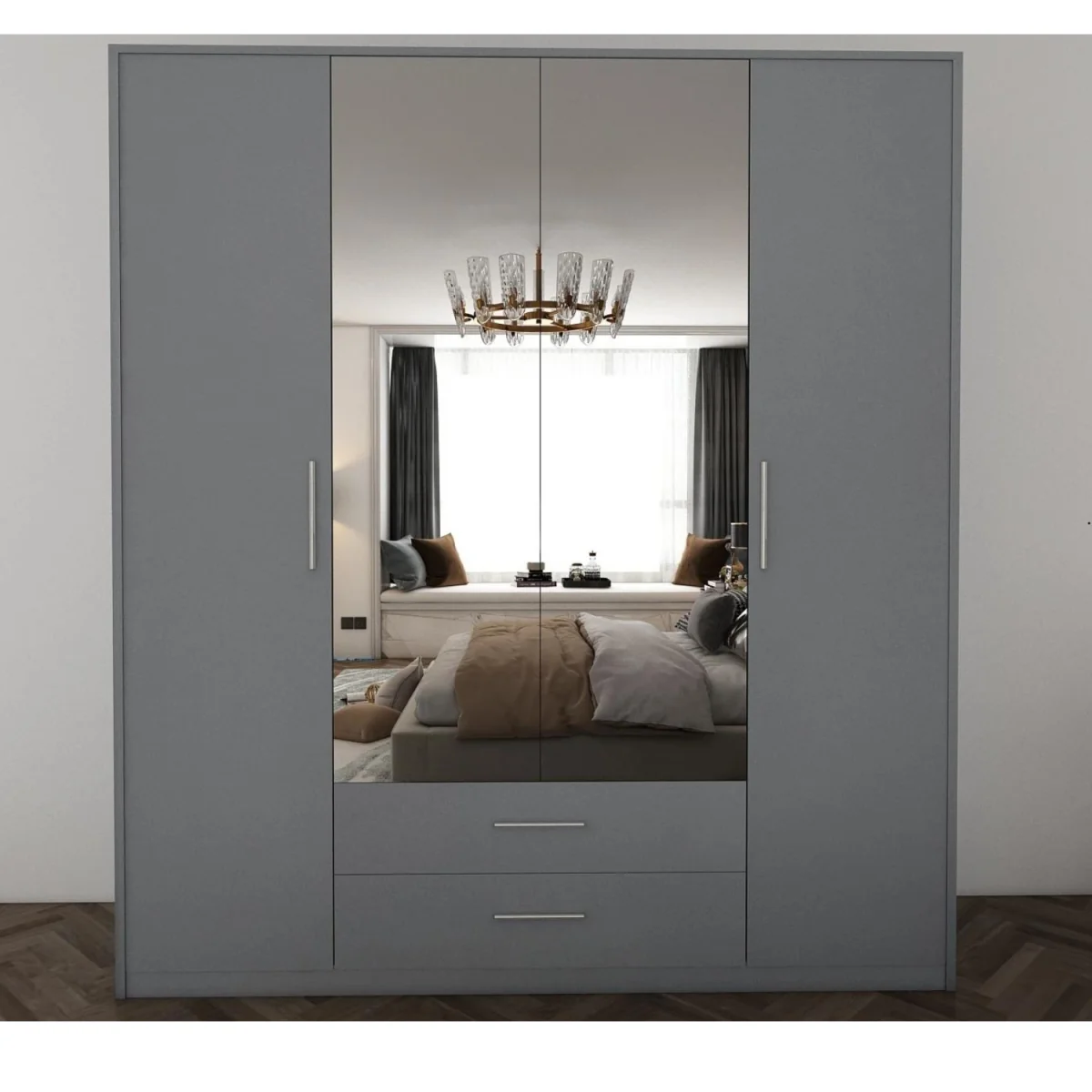 Swindon Medium Grey 4 Door 180cm Wardrobe with Mirror and 2 Drawers - Grey – image 3