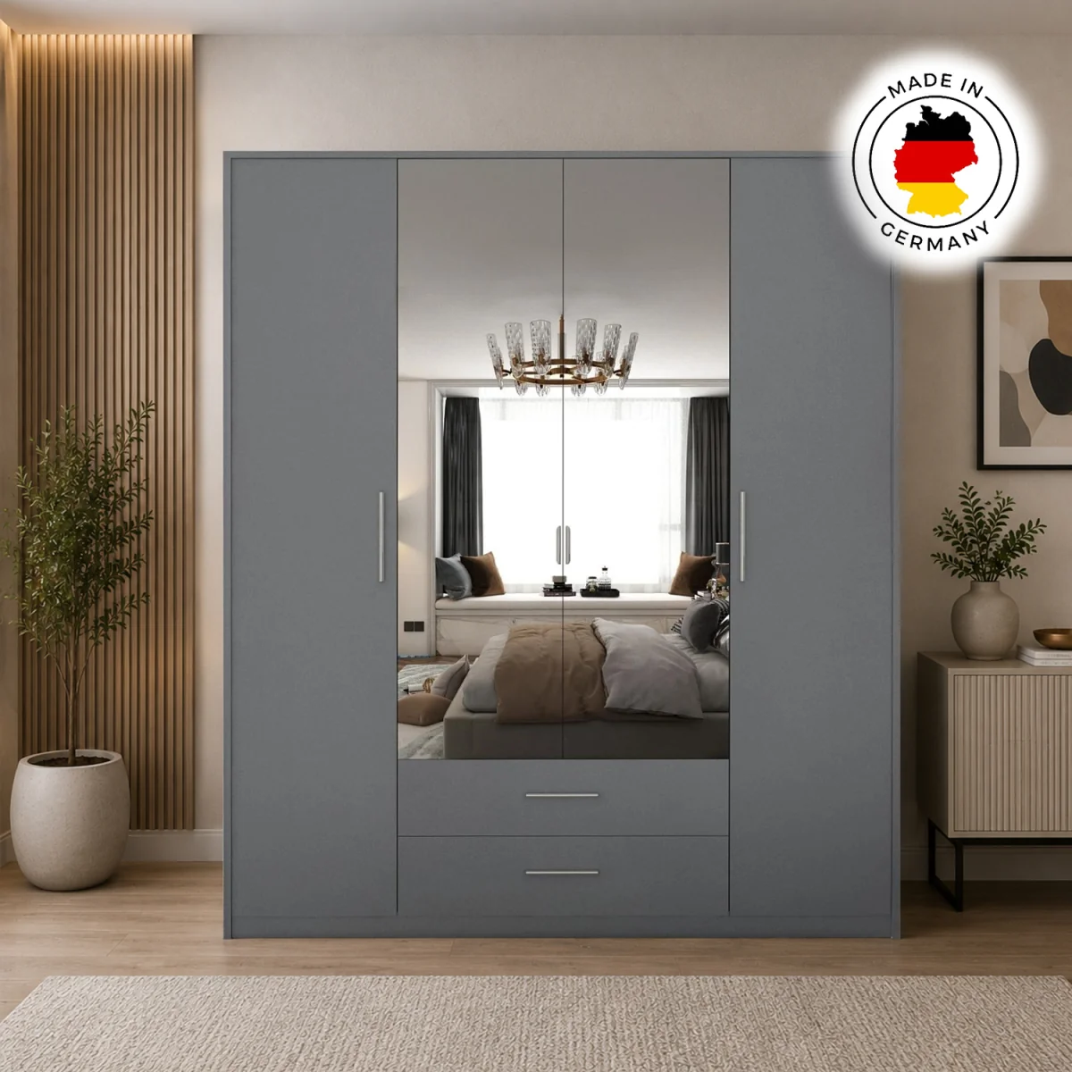Swindon Medium Grey 4 Door 180cm Wardrobe with Mirror and 2 Drawers - Grey – image 5
