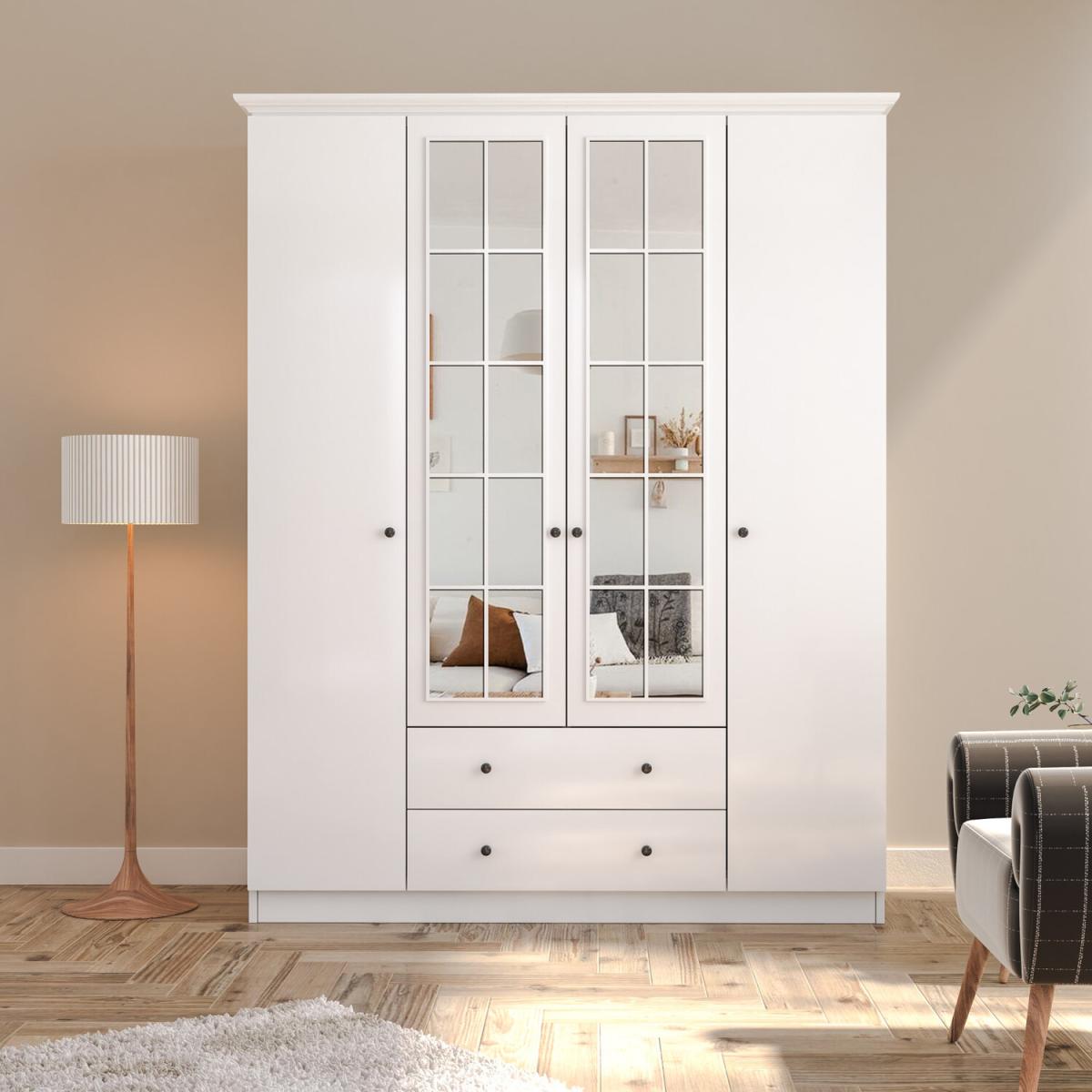 PABLO 4 Door 2 Drawer Mirrored Wardrobe, White - White – image 2