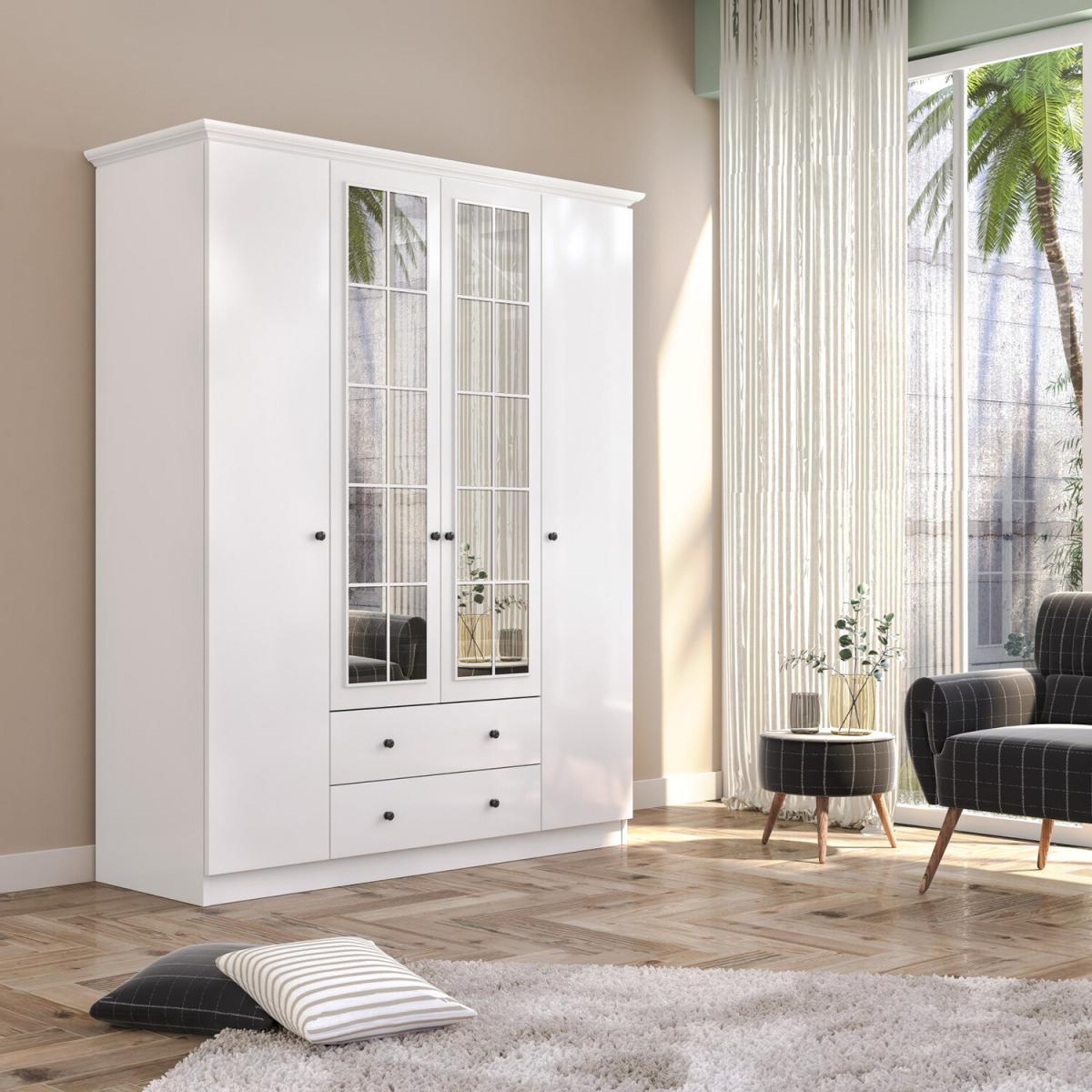 PABLO 4 Door 2 Drawer Mirrored Wardrobe, White - White – image 3
