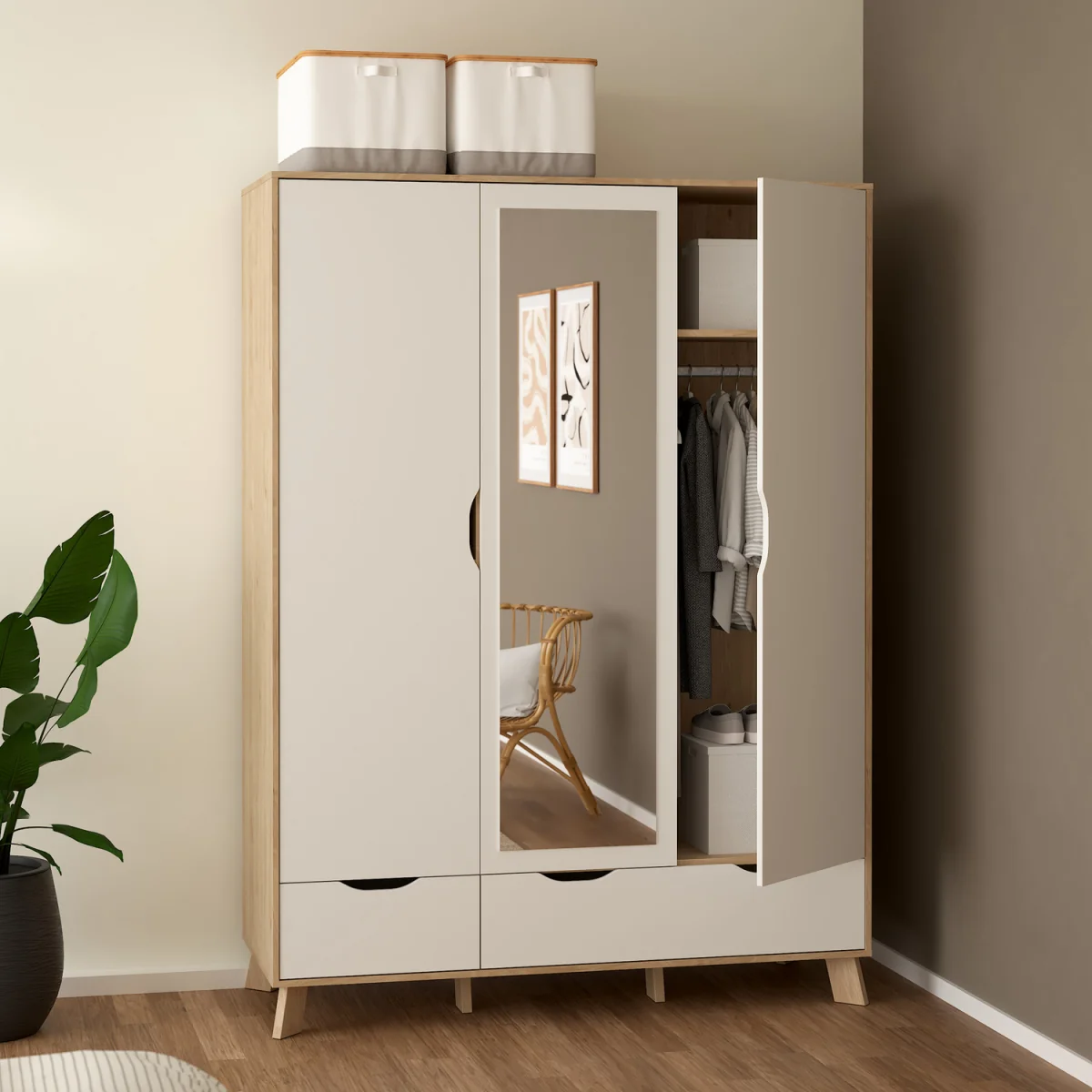 Ikast Wardrobe 3 Doors and 2 Drawers with Mirror in Jackson Hickory and White - Jackson Hickory & White – image 2