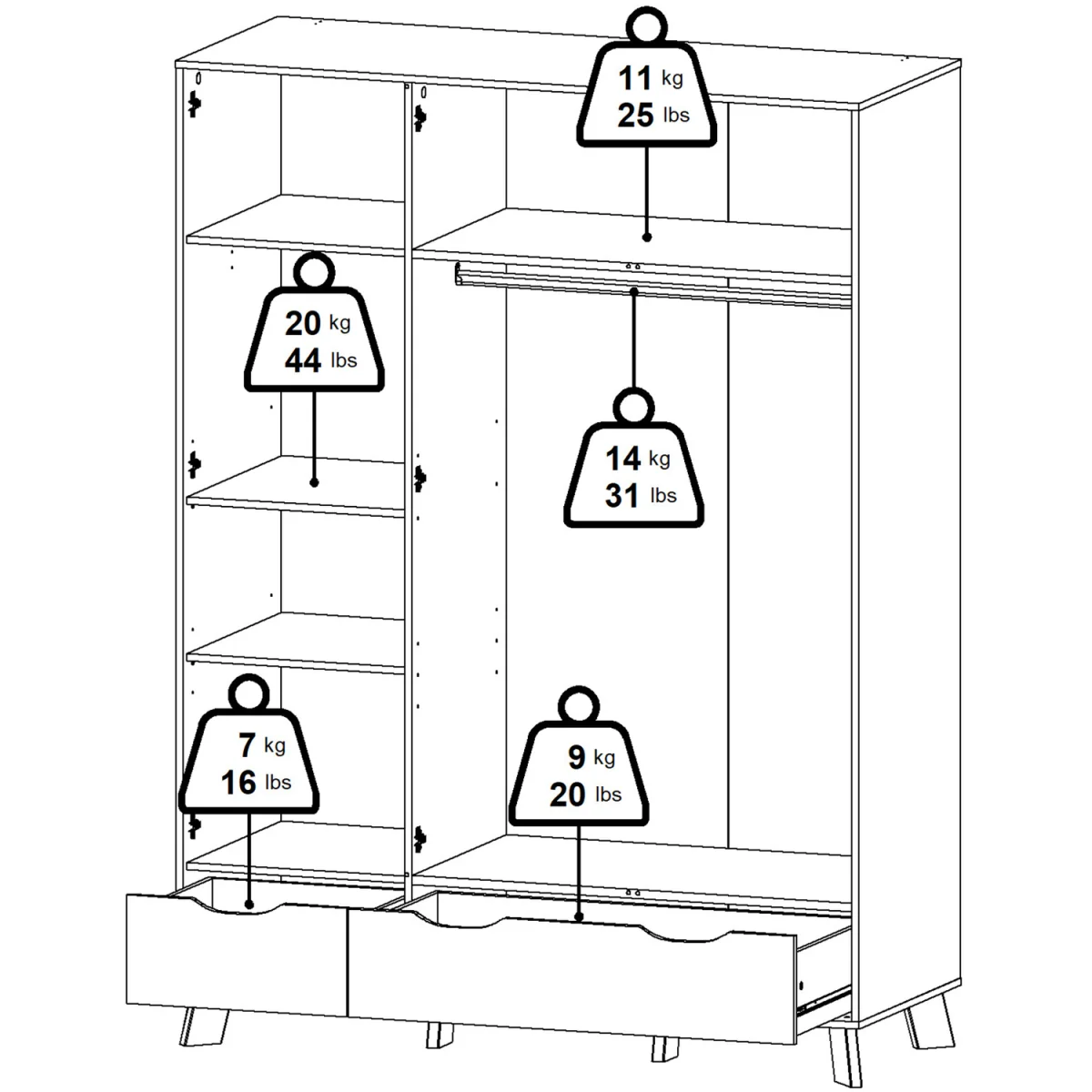 Ikast Wardrobe 3 Doors and 2 Drawers with Mirror in Jackson Hickory and White - Jackson Hickory & White – image 11