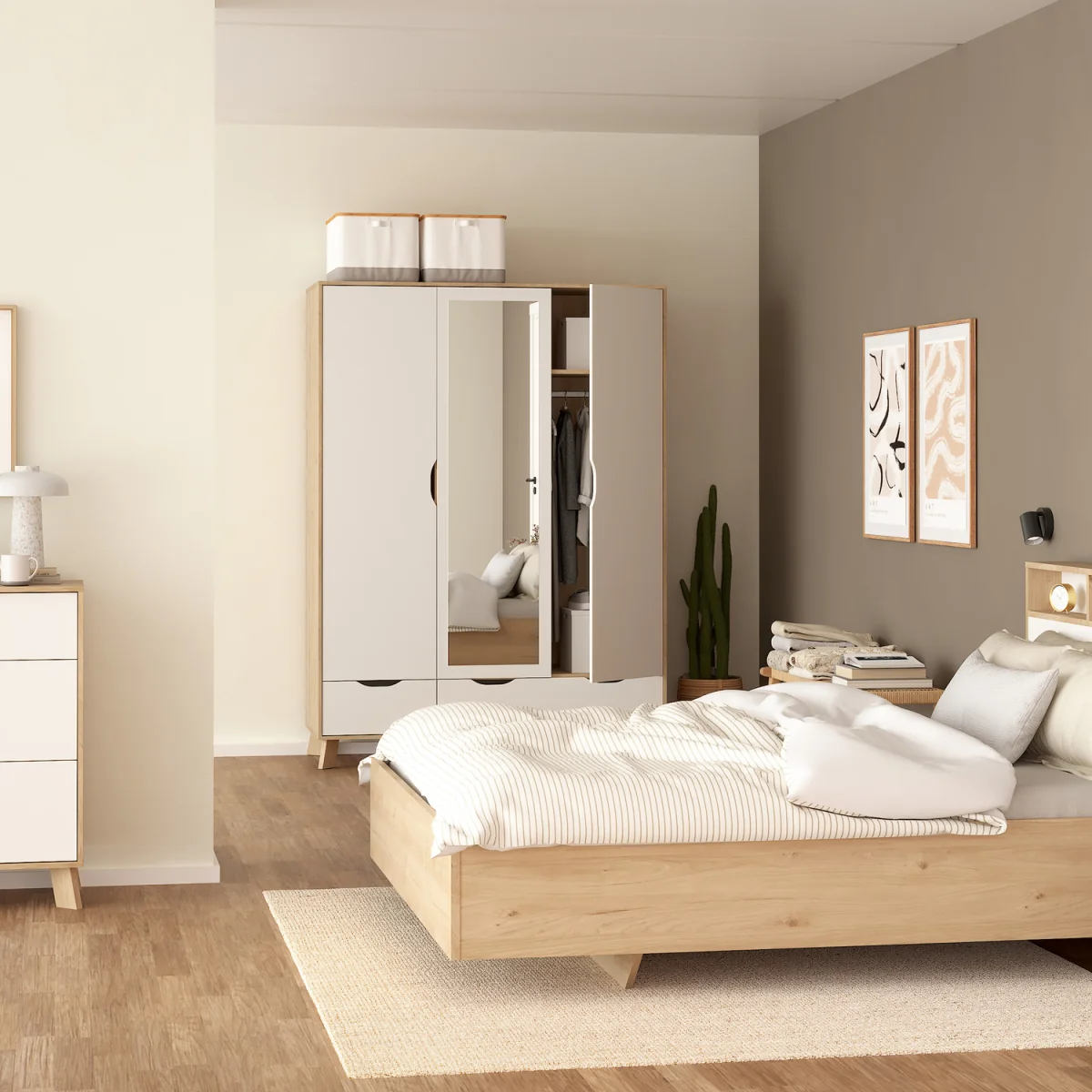 Ikast Wardrobe 3 Doors and 2 Drawers with Mirror in Jackson Hickory and White - Jackson Hickory & White – image 7