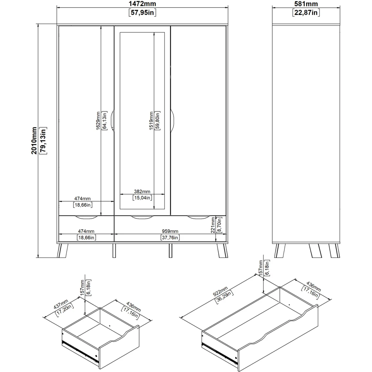 Ikast Wardrobe 3 Doors and 2 Drawers with Mirror in Jackson Hickory and White - Jackson Hickory & White – image 9