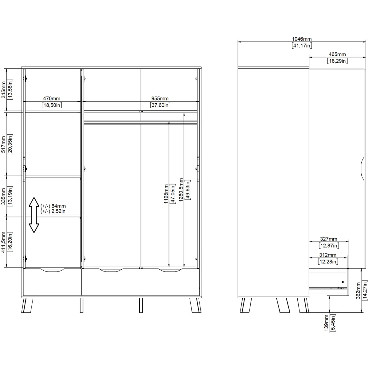 Ikast Wardrobe 3 Doors and 2 Drawers with Mirror in Jackson Hickory and White - Jackson Hickory & White – image 10