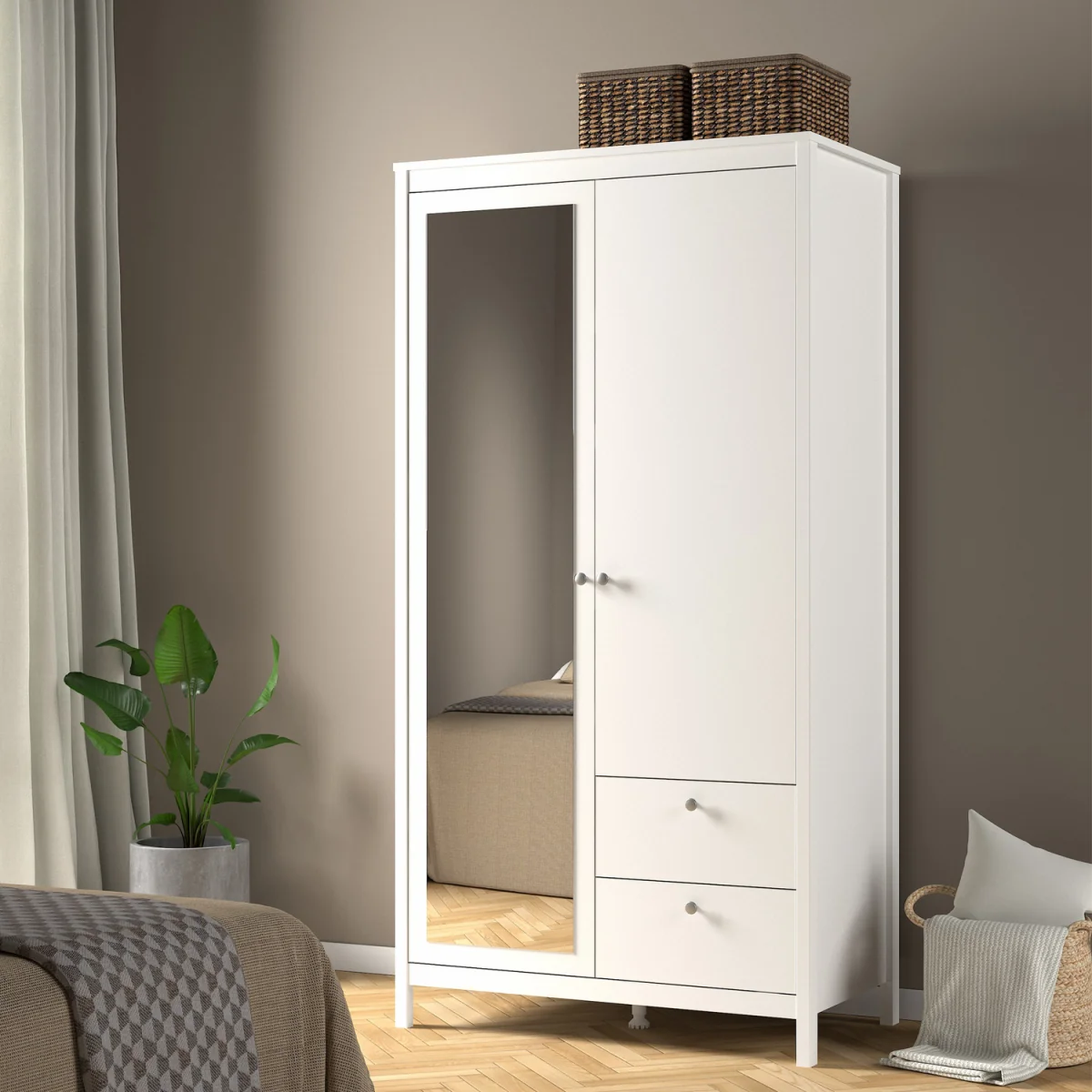 Madrid Wardrobe with 1 Door 1 Mirror Door 2 Drawers White - White