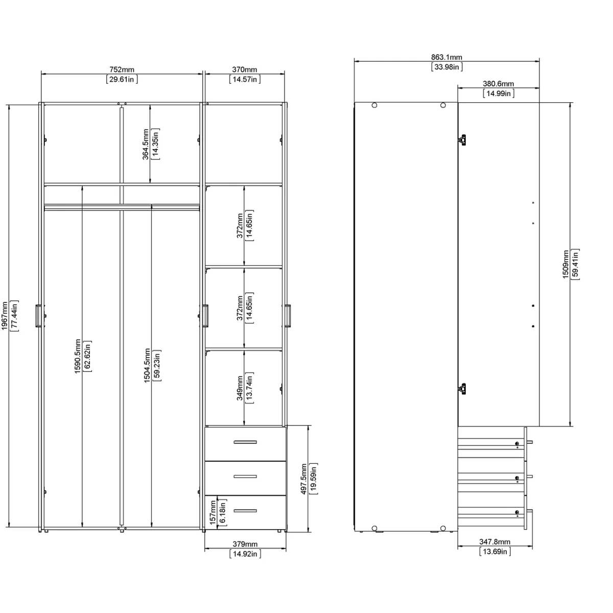 Space Wardrobe 3 Doors 3 Drawers - White – image 11