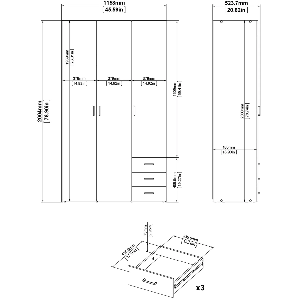 Space Wardrobe 3 Doors 3 Drawers - White – image 10