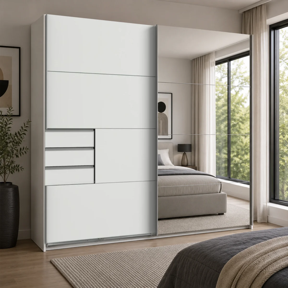 Saigon 225cm Mirrored Sliding Wardrobe in White - White – image 1