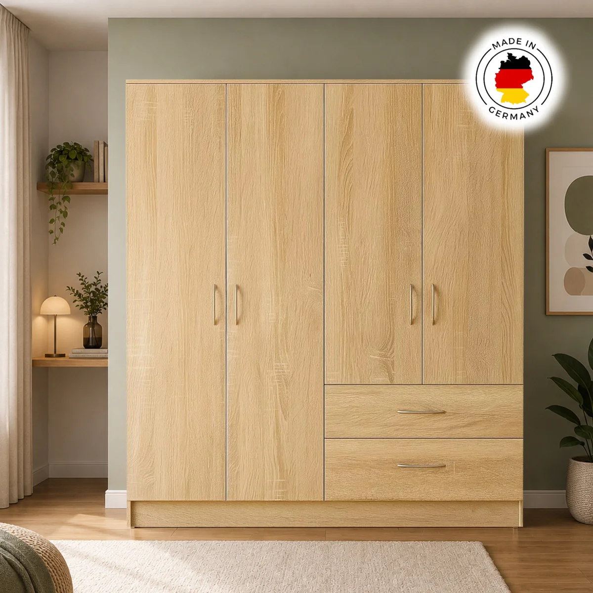 Venice Oak 4 Door Wardrobe with 2 Drawers - Oak – image 4