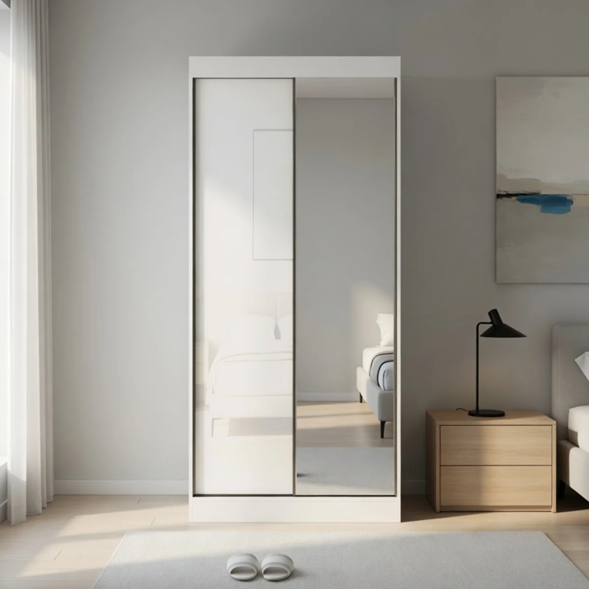 Pacific 100cm Gloss White Sliding Door Wardrobe with Mirror - White – image 4