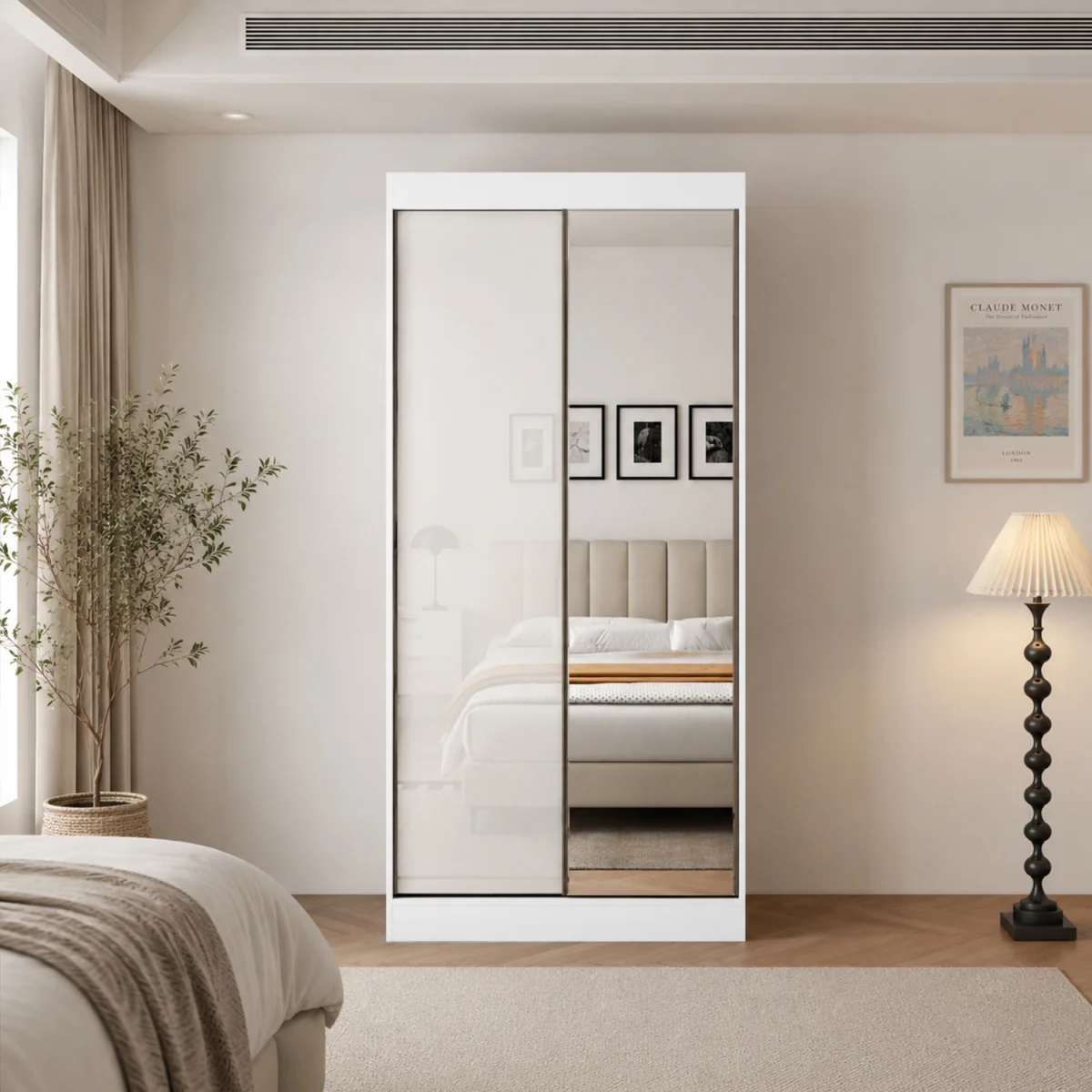 Pacific 100cm Gloss White Sliding Door Wardrobe with Mirror - White – image 1