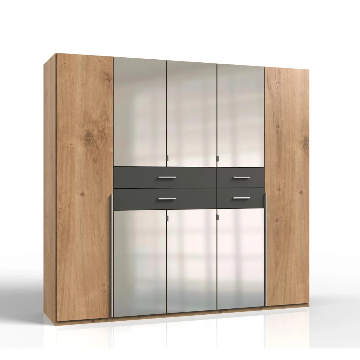 Denver Planked Oak and Graphite 5 Door 225cm Wardrobe with Mirror - Oak – image 2