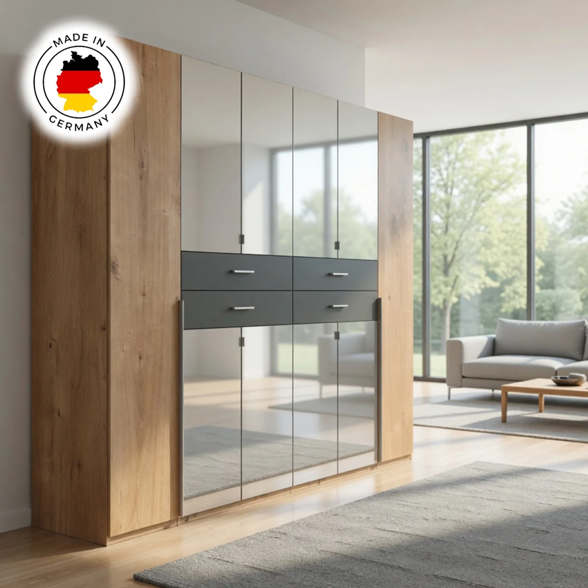 Denver Planked Oak and Graphite 5 Door 225cm Wardrobe with Mirror - Oak – image 3