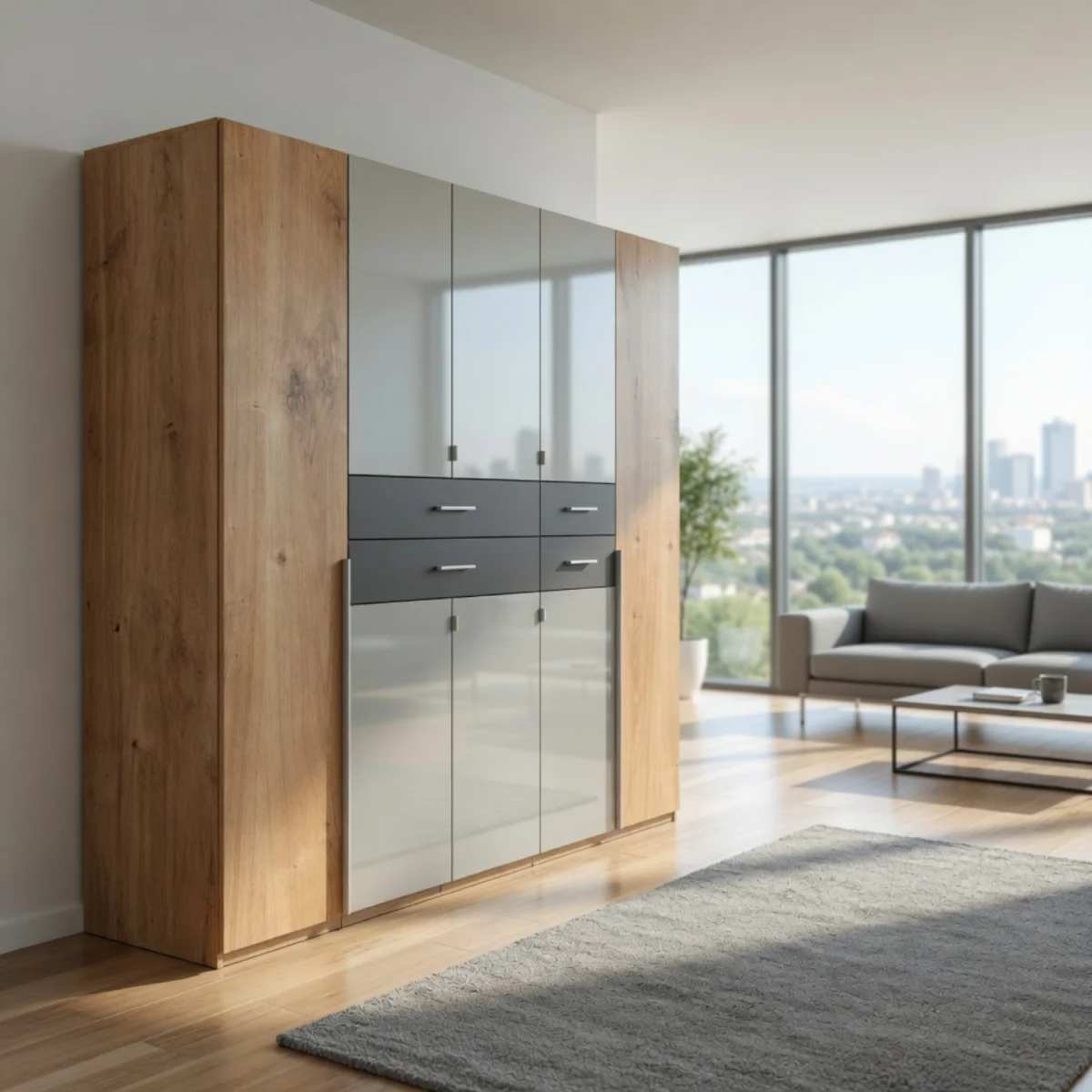 Denver Planked Oak and Graphite 5 Door 225cm Wardrobe with Mirror - Oak – image 5