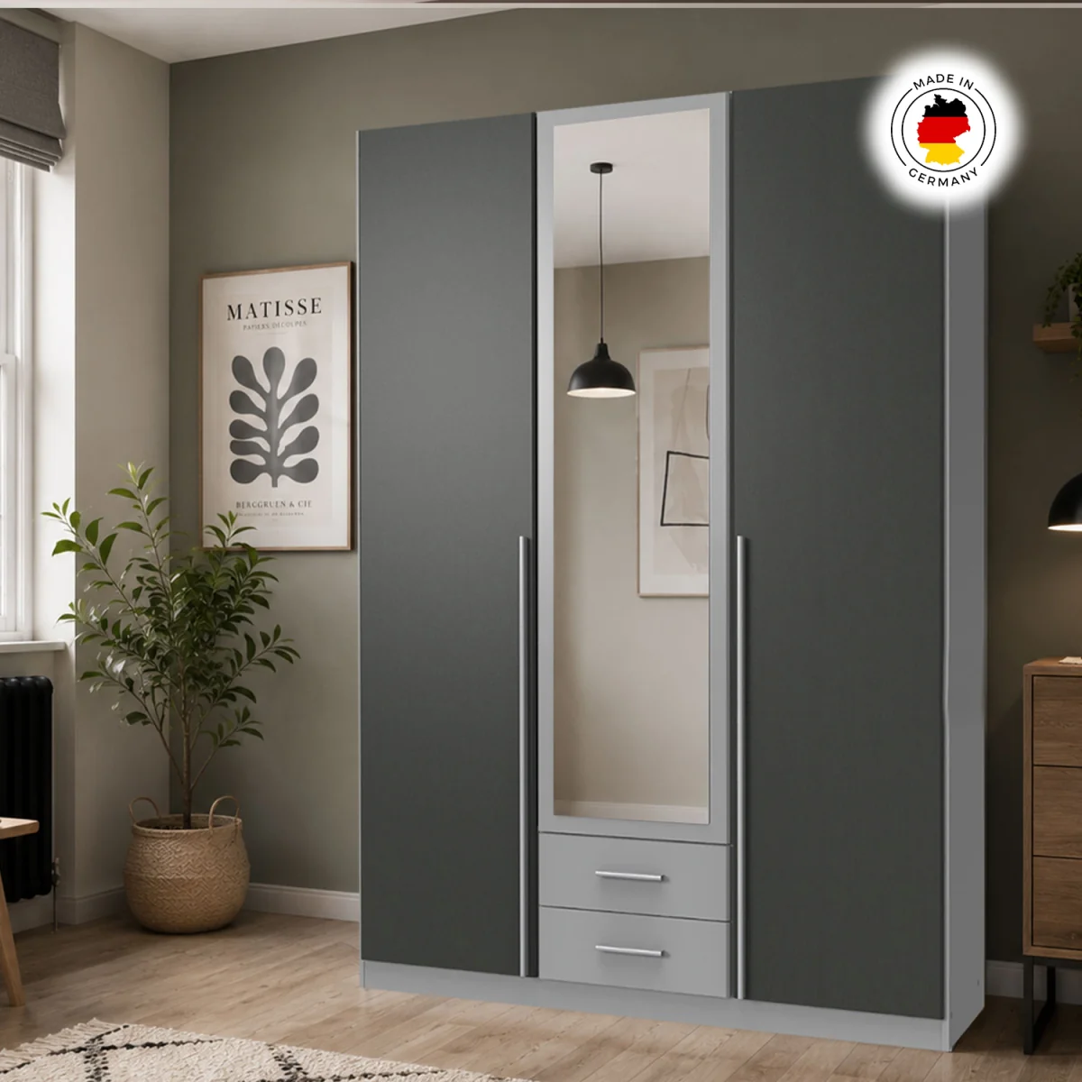 Husem Grey and Graphite 3 Door 135cm Wardrobe with Mirror - Grey – image 2