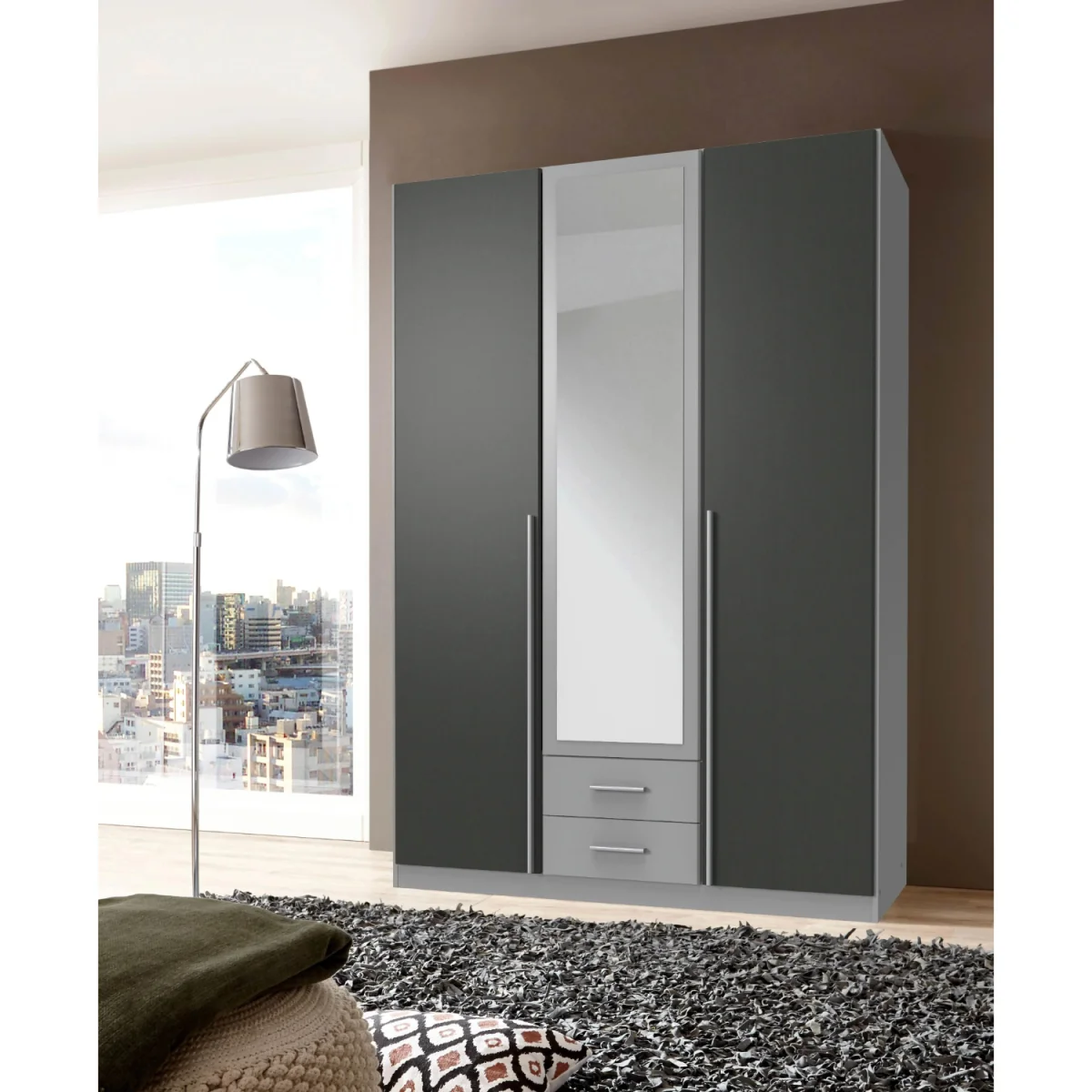 Husem Grey and Graphite 3 Door 135cm Wardrobe with Mirror - Grey – image 3