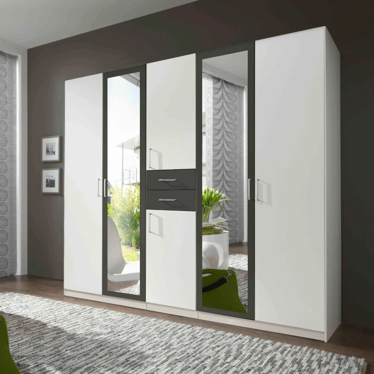 Diver White and Graphite 5 Door 225cm Wardrobe with Mirror - White – image 3