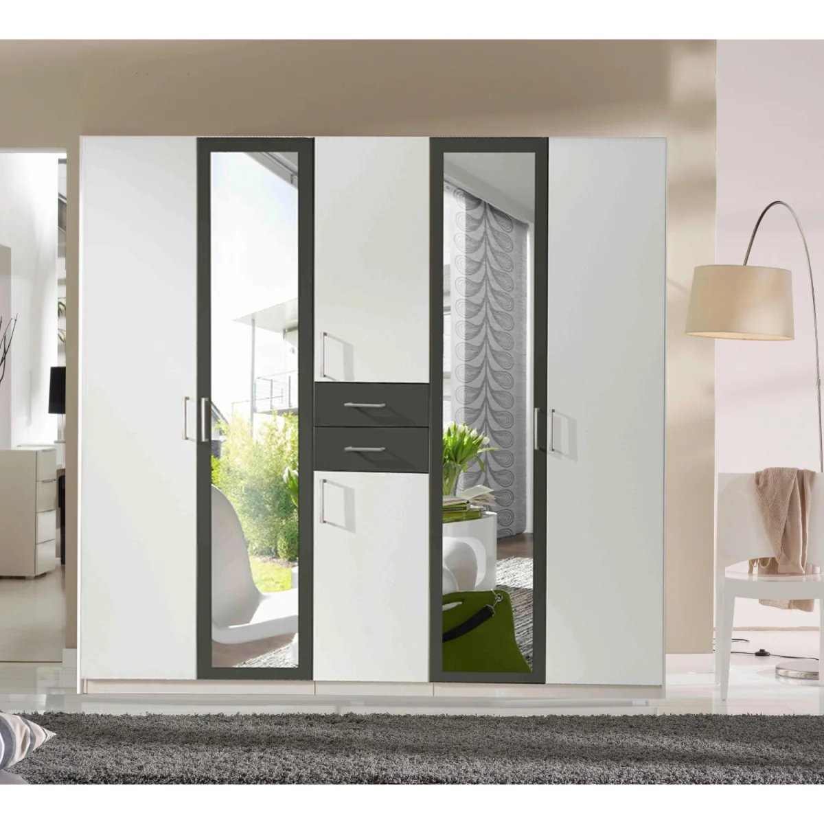 Diver White and Graphite 5 Door 225cm Wardrobe with Mirror - White – image 4