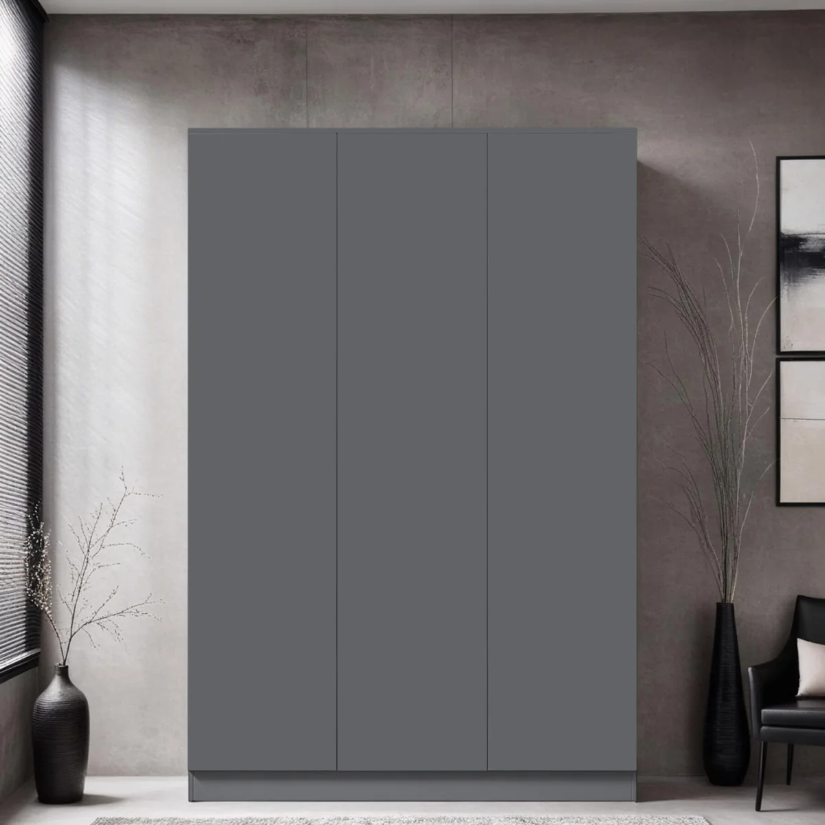 FWStyle Matt 3 Door Wardrobe Scandinavian Style push to Open No Handle - Grey – image 2