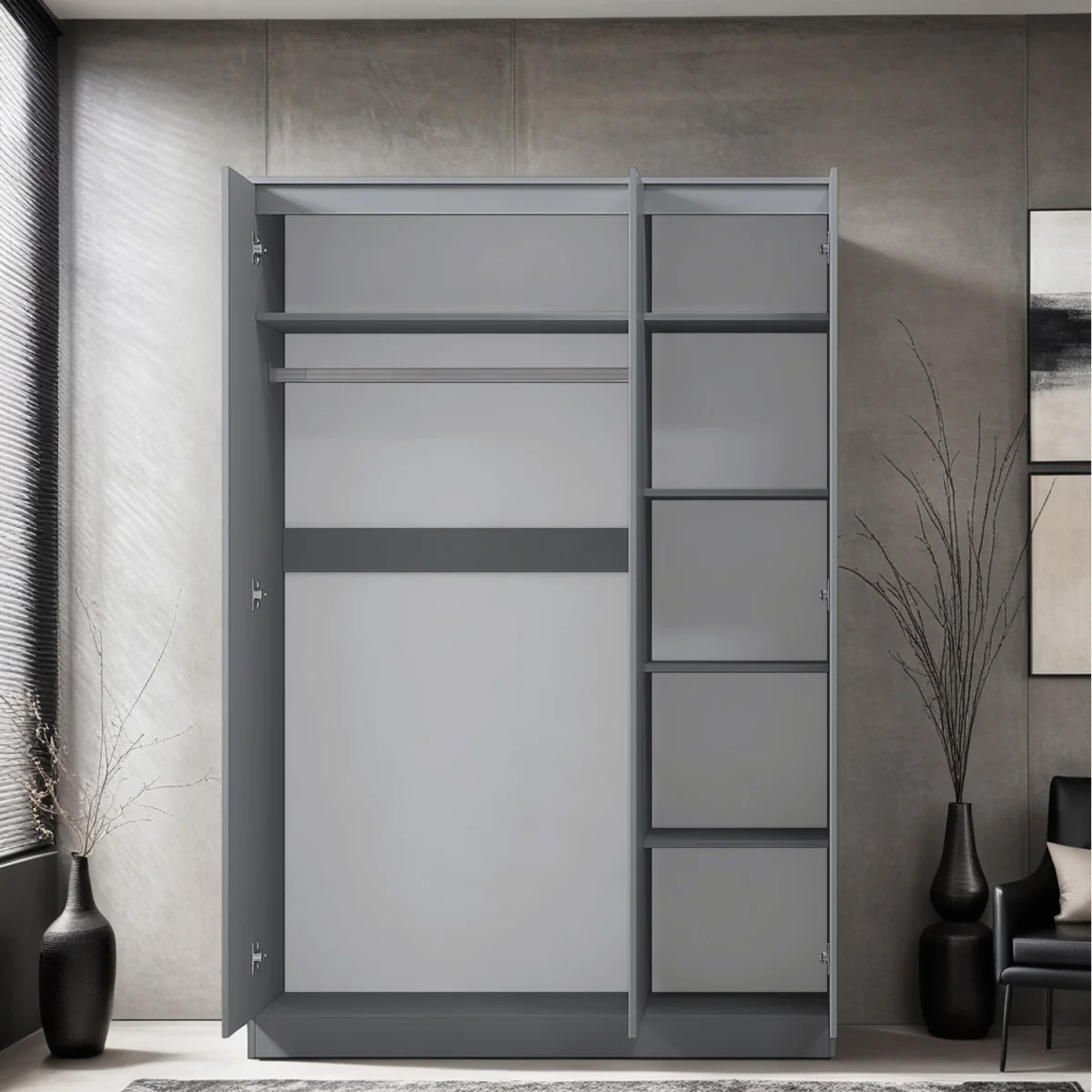 FWStyle Matt 3 Door Wardrobe Scandinavian Style push to Open No Handle - Grey – image 3