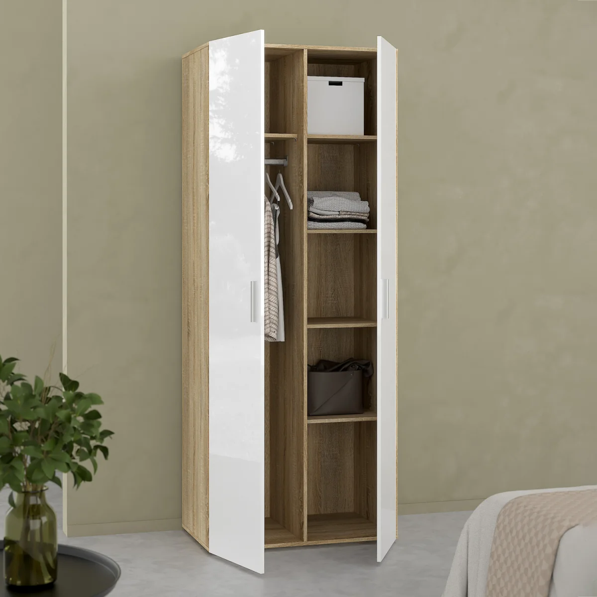Pepe Wardrobe with 2 Doors in Oak with White High Gloss - Oak & White High Gloss – image 7