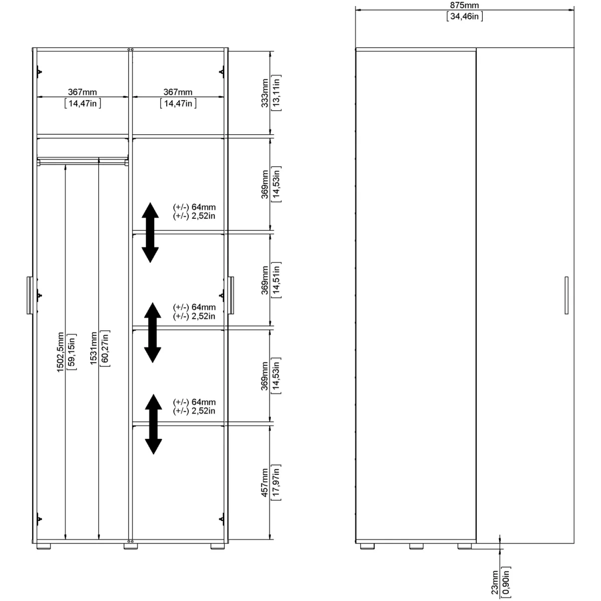 Pepe Wardrobe with 2 Doors in Oak with White High Gloss - Oak & White High Gloss – image 9