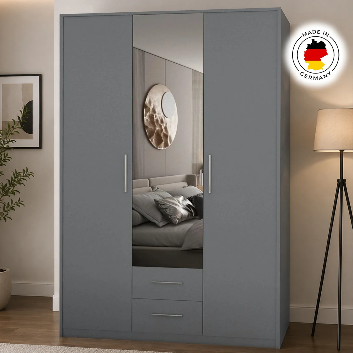 Swindon Medium Grey 3 Door 120cm Wardrobe with Mirror and 2 Drawers - Grey – image 2