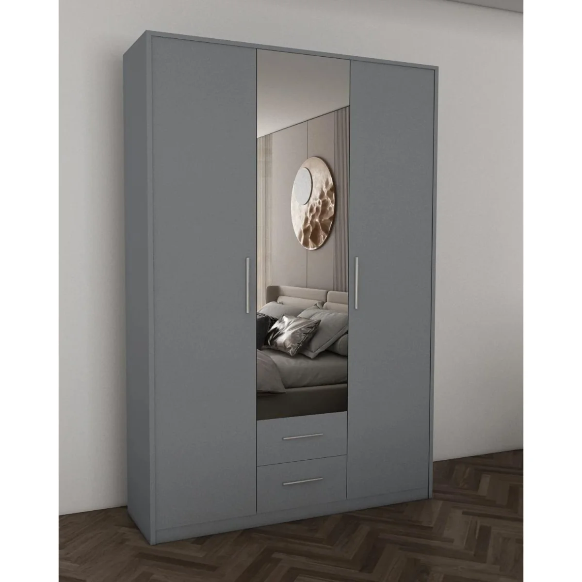Swindon Medium Grey 3 Door 120cm Wardrobe with Mirror and 2 Drawers - Grey – image 3