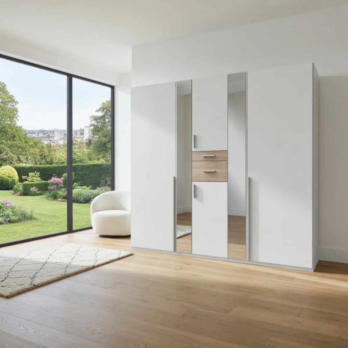 Odessa Matt White and Oak 5 Door 225cm Wardrobe with Mirror - White – image 2