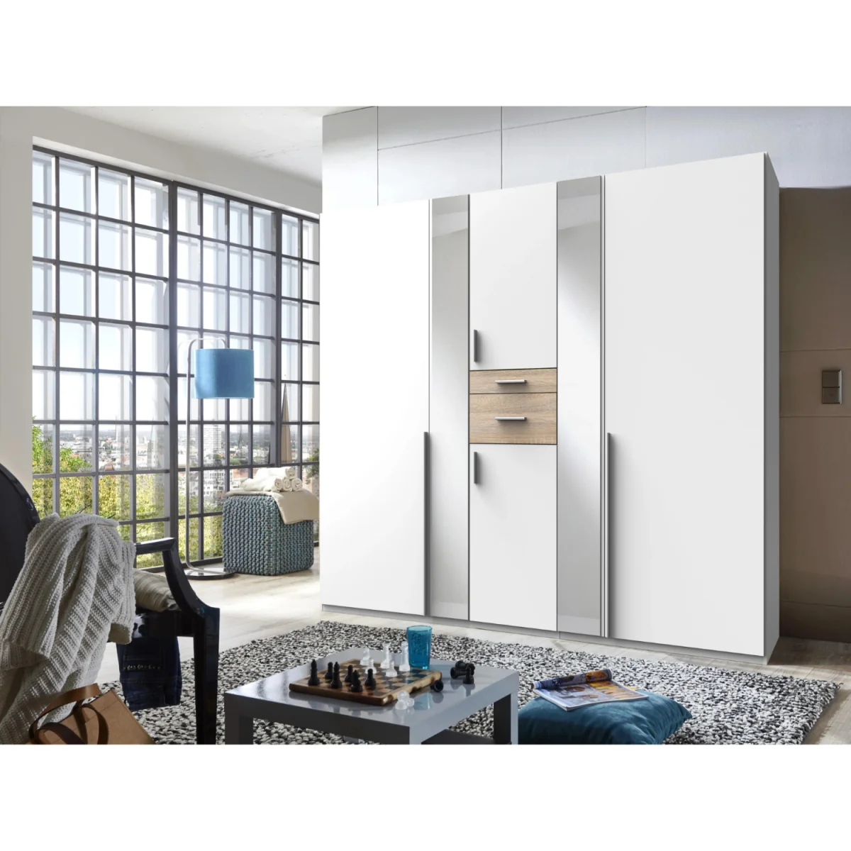 Odessa Matt White and Oak 5 Door 225cm Wardrobe with Mirror - White – image 3