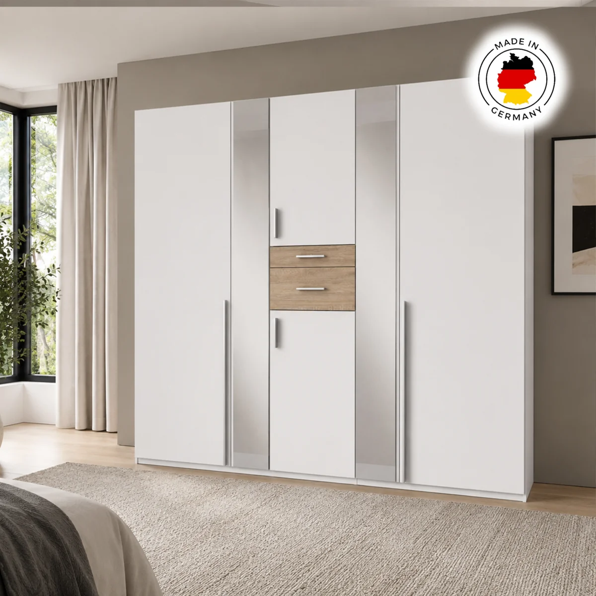 Odessa Matt White and Oak 5 Door 225cm Wardrobe with Mirror - White – image 5