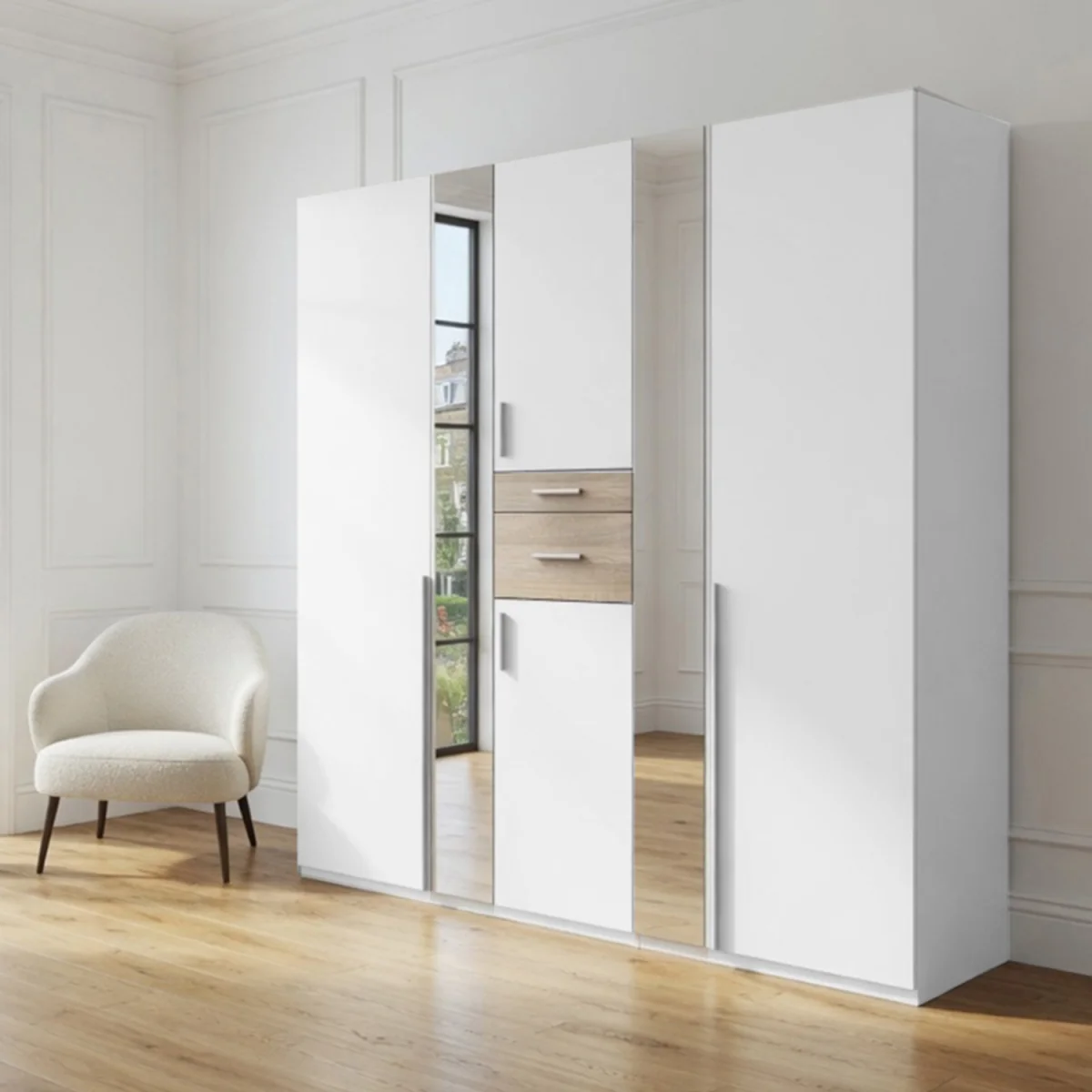 Odessa Matt White and Oak 5 Door 225cm Wardrobe with Mirror - White – image 1